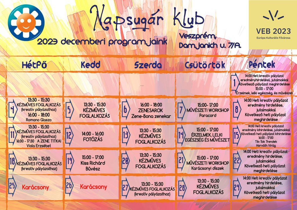 Napsugár Klub 2023 december havi programjai
